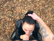 Preview 3 of Outdoor Blowjob and Facefuck with a Massive Facial for Ponytail Brunette in Leather Suite