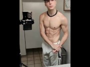Preview 4 of Hot teen stroking horse dick in public gym bathroom