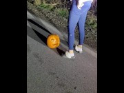 Preview 3 of Desperation Piss - Milf Peeing in a Pumpkin found on Road!