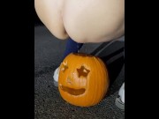 Preview 6 of Desperation Piss - Milf Peeing in a Pumpkin found on Road!