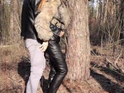 Preview 2 of Outdoor public fuck in the forest! Perfect sunny day for good sex in fur coat and leather leggings!