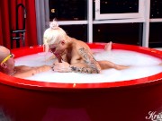 Preview 6 of Big milk bath, busty tattoo bitch sucking and fucking, cum on face, cum kissing and cum swapping