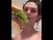 Preview 2 of Hot brunette eats burgers and burps topless