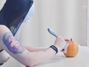 Preview 3 of Trick or treat? Erotic pumpkin carving with a sexy Ghostface in latex lingerie on Halloween