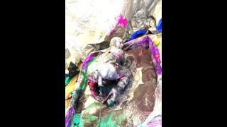 Dirty sluts Sissy fucks herself in the slime bath with a monster dildo