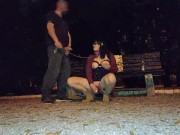 Preview 6 of Hot mother in law training in public with dog leash having big orgasm with dildo
