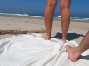Preview 1 of At the beach a man presents his cock to me I jerk him off in public he cums on my breasts
