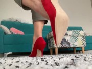 Preview 1 of Red high Manolo blahnik heels dangling. Milf woman with high luxury heel shoes