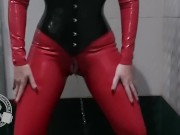 Preview 4 of Pissing in My Red Latex Catsuit - Lady Bellatrix has a pee in the shower in rubber