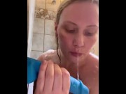 Preview 1 of Hot blonde PAWG sucks her favorite toys in the shower (teaser- full video on ManyVids)