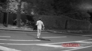 Risky Outdoor Sex Night Walk in Public Park, sub runs home naked