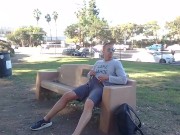 Preview 1 of Risky public jerking completely naked on a park bench with traffic in the background