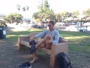 Preview 2 of Risky public jerking completely naked on a park bench with traffic in the background