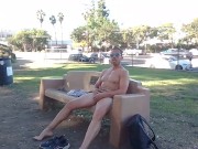 Preview 3 of Risky public jerking completely naked on a park bench with traffic in the background