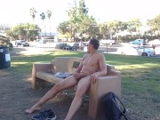 Preview 4 of Risky public jerking completely naked on a park bench with traffic in the background