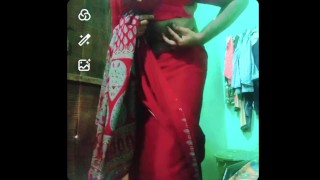 Indian gay Crossdresser xxx nude in red saree showing his bra and boobs🥵