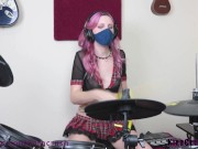Preview 1 of Cute Teen Schoolgirl Plays Drums In See Through Top! (The Ramones-Sheena Is A Punk Rocker)
