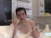 Preview 2 of Cute Brunette Xander Strokes His Hard Cock After Showering!