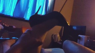 Stockings footjob! Slimy cum on feet