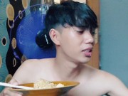 Preview 5 of Handsome young man is eating noodles without using t shirt