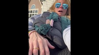 Blonde MILF fingering masturbating outside until she cums