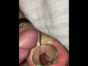 Preview 1 of Self ruined cumshot using no hands, I’m collecting my stringy cum in a shot glass