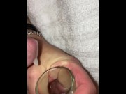 Preview 2 of Self ruined cumshot using no hands, I’m collecting my stringy cum in a shot glass