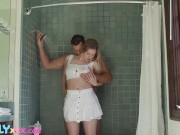 Preview 1 of FAMILYXXX - Horny Step-Daughter Walks in On Daddy Taking a Shower (Amber Moore)