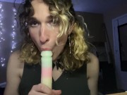 Preview 4 of Cute transgirl gagging and filling her ass with a thick dildo