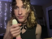 Preview 5 of Cute transgirl gagging and filling her ass with a thick dildo