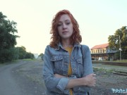 Preview 1 of Public Agent Sexy redhead waitress sucks cock and gets fucked doggystyle outside in public