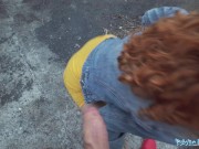 Preview 6 of Public Agent Sexy redhead waitress sucks cock and gets fucked doggystyle outside in public