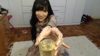 Goth Tattooed Girl Pissing in a Glass