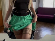 Preview 2 of blonde fingering pussy in stockings and mini skirt