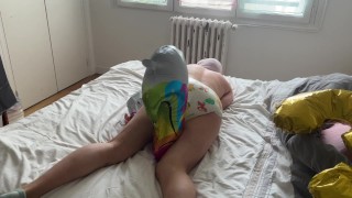 Humping my diaper and a unicorn balloon looner
