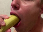 Preview 1 of Throat training with banana. Drool, milk, sloppy. Very dirty.  Very hard