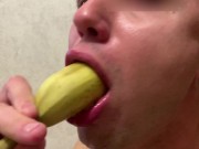 Preview 2 of Throat training with banana. Drool, milk, sloppy. Very dirty.  Very hard