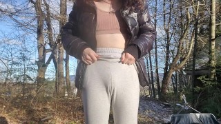 hot trans girl pissing peeing her pants, wetting herself outside in public. RISKY