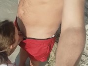 Preview 1 of I suck on a public beach and a stranger cums on my tits.