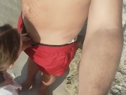 Preview 3 of I suck on a public beach and a stranger cums on my tits.