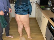 Preview 4 of Sexy mother-in-law in a silk robe pees in the kitchen for her son-in-law