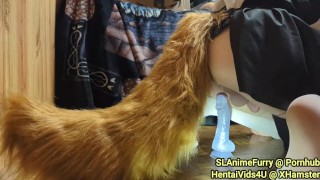 Crossdressing Dog Maid Riding Dildo with Big Fluffy Tail Cosplay