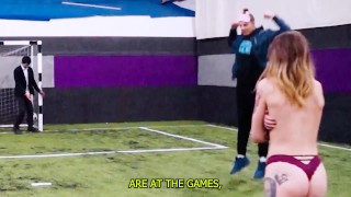 A daring penalty kick striptease on the football field! YouTuber made a strip game!