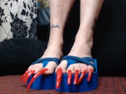 Preview 1 of Extreme Long Red Toenails Blue Wedge Flip Flops