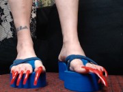 Preview 3 of Extreme Long Red Toenails Blue Wedge Flip Flops