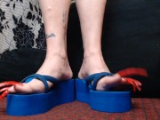 Preview 5 of Extreme Long Red Toenails Blue Wedge Flip Flops