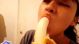 Cute milf masturbates with a banana sucking and pussy fucking