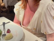 Preview 1 of Shy Redhead Flashes in Public, Fingers and Nip-slips at Restaurant, Pees, Squirt Gushes on Floor
