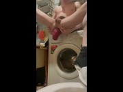 Preview 3 of A young sexy guy sits with his legs spread in his bathroom and plays with his huge anal prolapse
