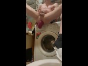Preview 4 of A young sexy guy sits with his legs spread in his bathroom and plays with his huge anal prolapse